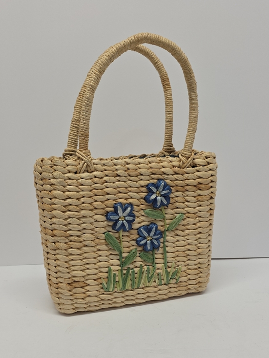 Handbags - Woven Straw Bag with Blue Floral Accent-*Flaw Inside Side Pkt Zipper/fabric